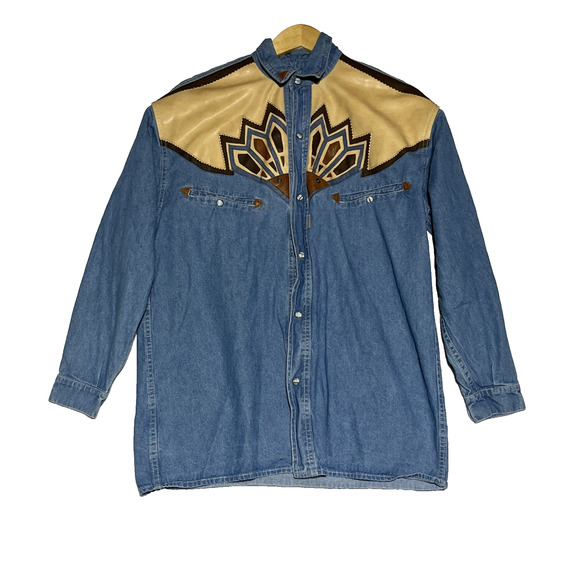VTG Shooter Western Shirt Mens Small Faux Leather Pearl Snap Aztec Cowboy Rodeo - Picture 1 of 16